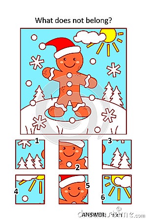 Visual puzzle with picture fragments. Cheerful gingerbread man walking in sunny day. What does not belong? Vector Illustration